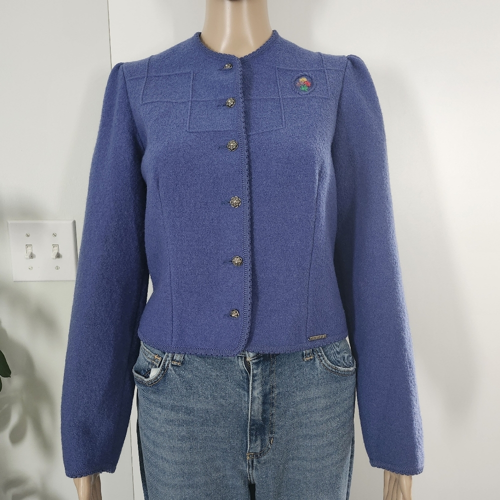GEIGER TYROL AUSTRIA Women's Pure Wool Button Down Blazer Blue Size 40EU Cozy